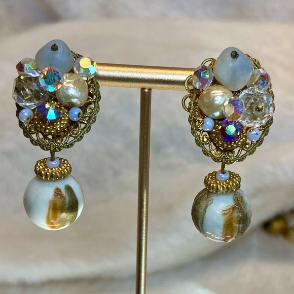 Vintage Multimedia 3 Strand Necklace and Earrings Set Glass Lucite Faux Pearl 16 - Picture 10 of 17